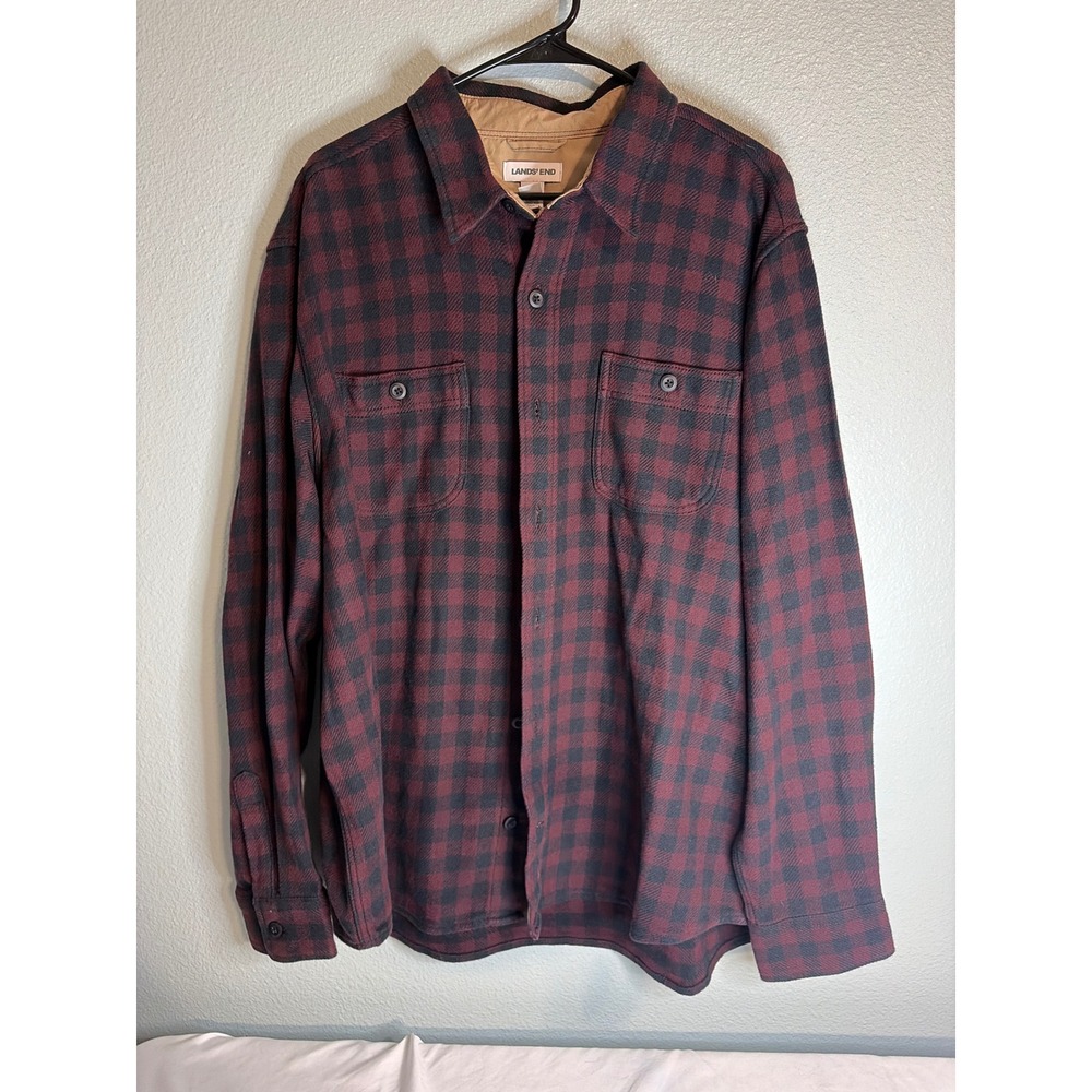 Lands' End Mens XL Flannel Shirt Burgundy Black Buffalo Check Plaid Button Down